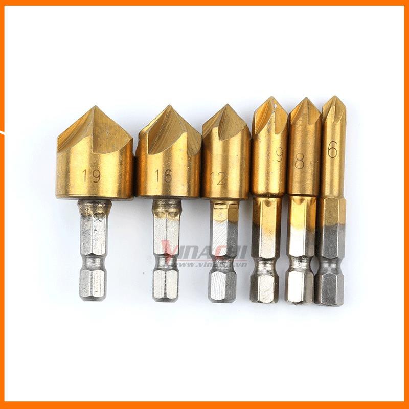 Bộ 6 Mũi Doa Đầu Vít - Doa Lỗ Gỗ phù hợp trong ngành mộc được thiết kế doa nhanh với đầu nón 5 lưỡi phay liên tục