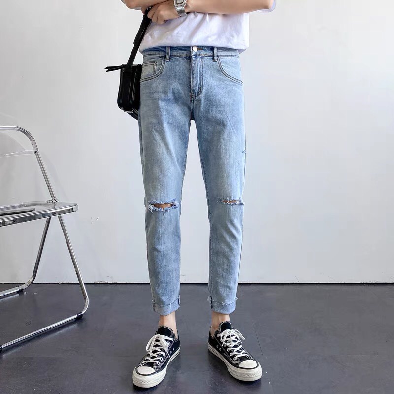 Quần bò nam skinny rách 2 gối denim, Quần jean ống côn dáng bó cao cấp mềm mịn, co dãn 4 chiều, slim fit