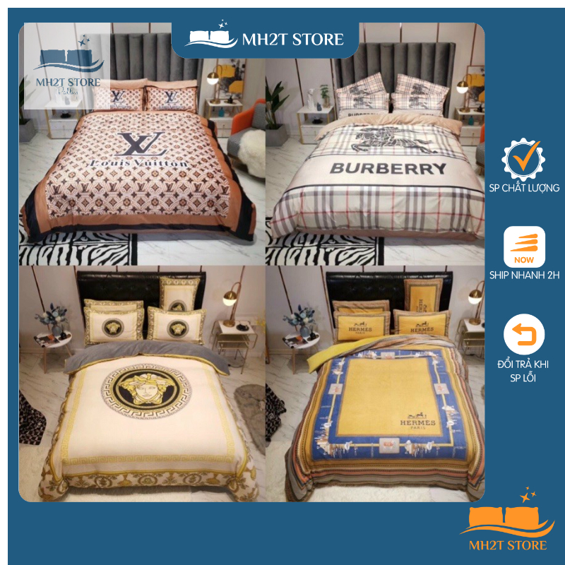 Bộ CHĂN GA GỐI PHI LỤA IN LOGO THƯƠNG HIỆU hàng cao cấp SET 4 CHI TIẾT được chọn mẫu MH2T STORE