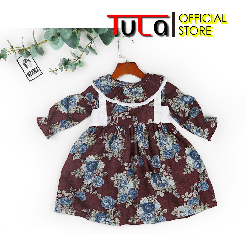 Váy Đầm Bé Gái Vải Thô Cào Bông Nhập Hàn Quốc Họa Tiết Chùm Hoa Xanh Nền Đô Đậm