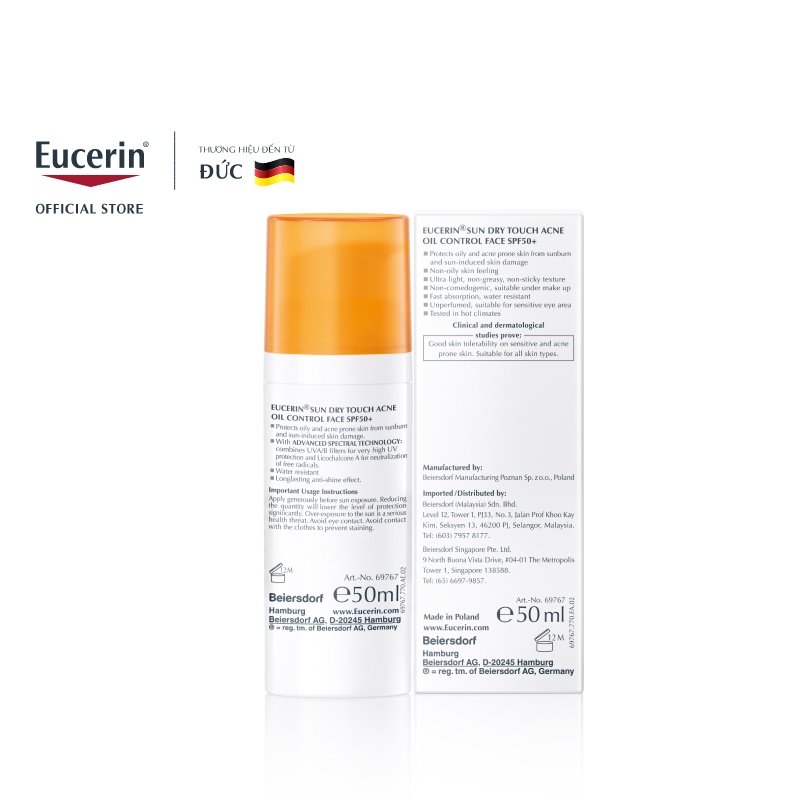 Kem chống nắng kiềm dầu &amp; ngừa mụn Eucerin Sun Dry Touch SPF50+ 50ml