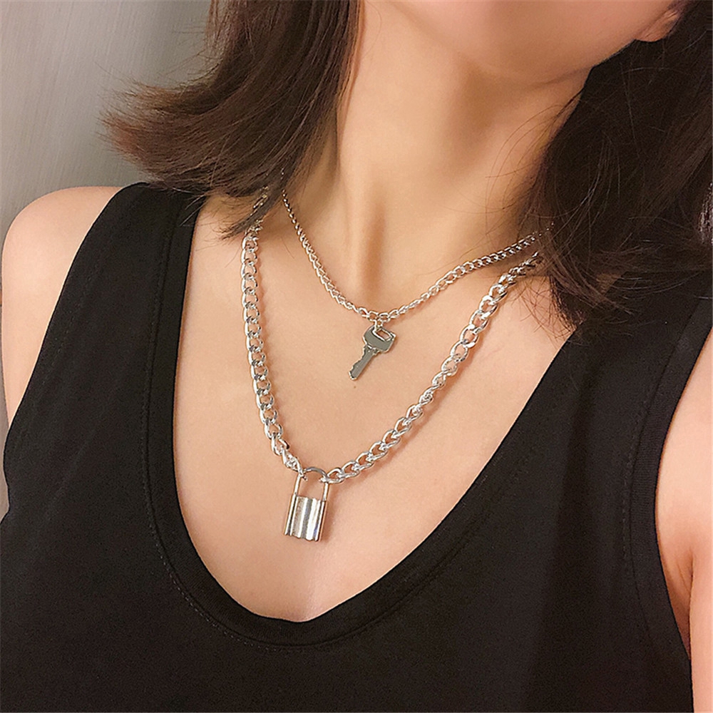 fashion woman retro Charm Double Layer Personality Key Lock Pendant Chain Necklace Accessories