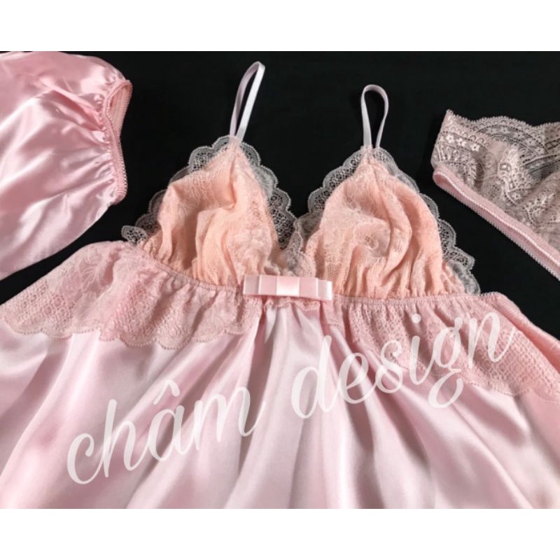 váy ngủ lụa satin hồng pha ren hồng siêu yêu. Hàng thiết kế độc quyền tại shop.