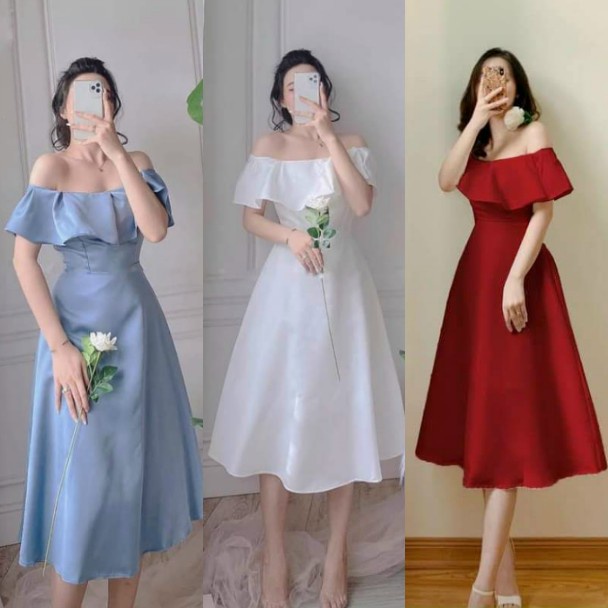 ĐẦM ĐI TIỆC, VÁY CƯỚI ĐI BÀN CÔ DÂU DÁNG XOÈ DÀI QUA GỐI TRỄ VAI SEXY CHẤT VẢI TAPTA CAO CẤP SANG TRỌNG