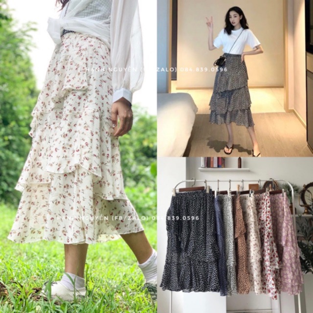 Chân váy hoa nhí đuôi cá midi 3 tầng - Xưởng May Hạnh Hồng | BigBuy360 - bigbuy360.vn