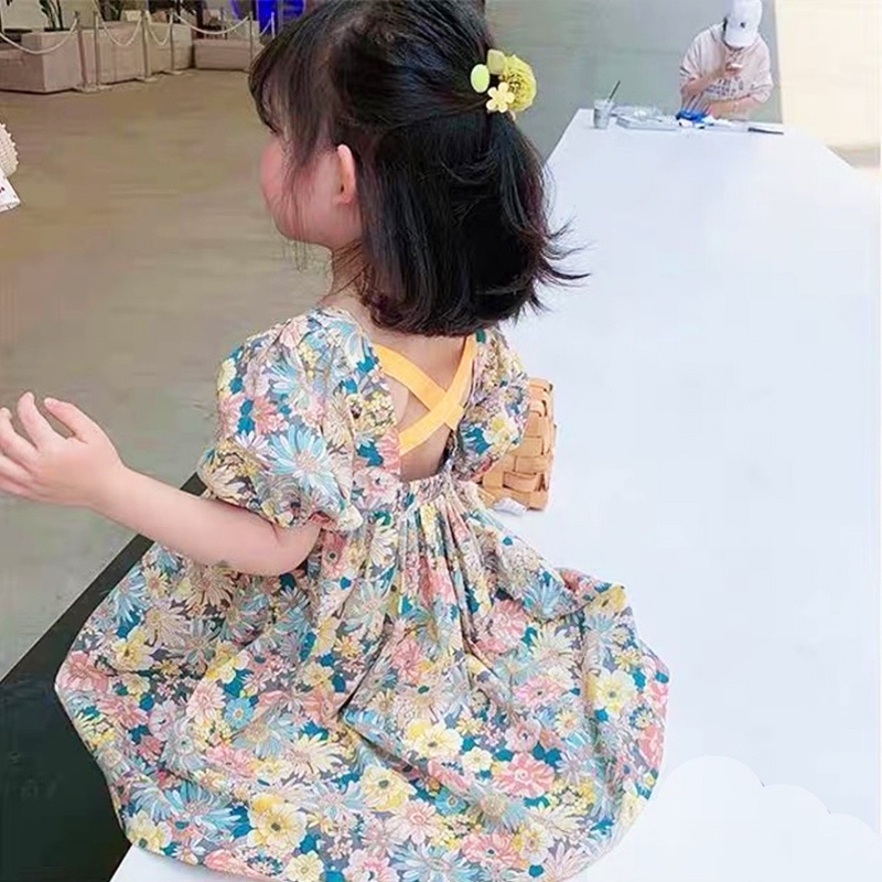 Đầm cho bé gái, Đầm hoa tay phồng cho bé 8-22kg chất thô mềm dáng xòe đan lưng và có khóa kéo đáng yêu BBShine – D089