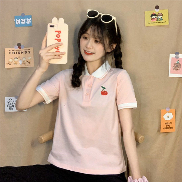 Áo Thun Polo Ngắn Tay Thêu Họa Tiết Cherry Xinh Xắn Dành Cho Nữ | BigBuy360 - bigbuy360.vn