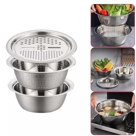 Bộ nạo rau củ quả THAU,NẠO , Rổ inox 3 trong 1 siêu tiện