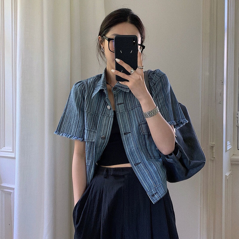 Áo Sơ Mi denim Tay Ngắn Thời Trang Dành Cho Nữ