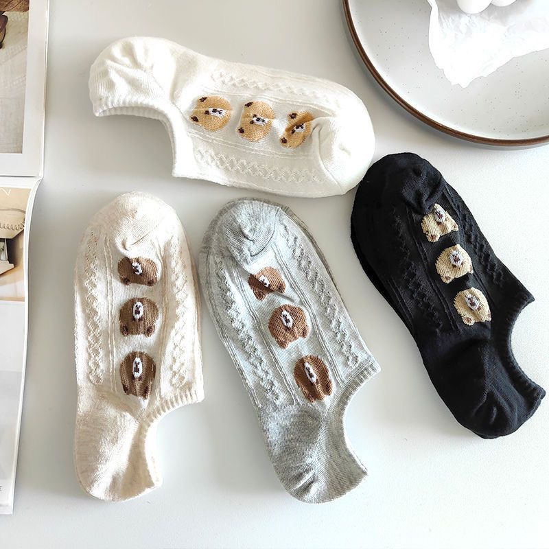 Tất Vớ Lười Nữ Cổ Thấp Thêu Hình Đầu Gấu Bông vải dày dặn mềm mại, cotton thấm hút