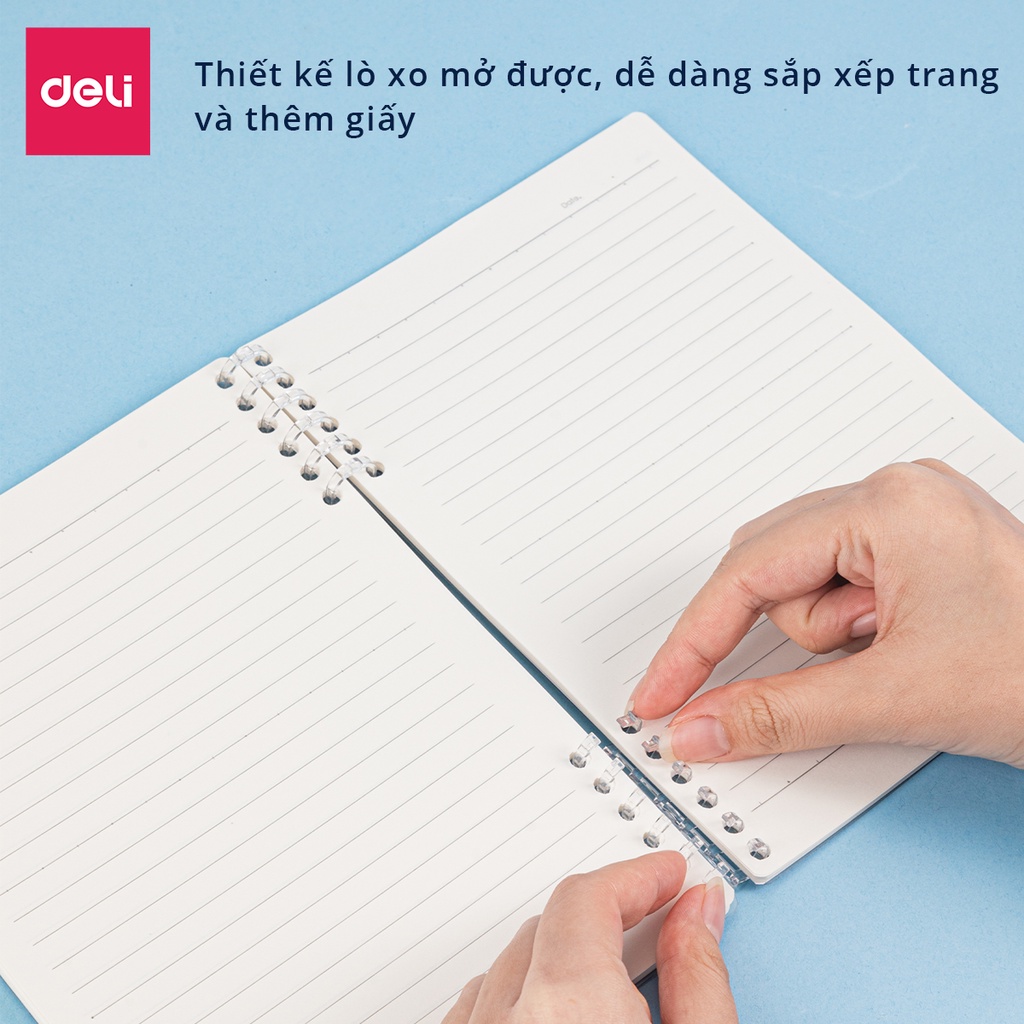 Sổ vở lò xo gáy xoắn kẻ ngang Deli khổ A5/B5 100 trang bìa nhựa ghi chép có kèm sticker trang trí đi kèm - 24507