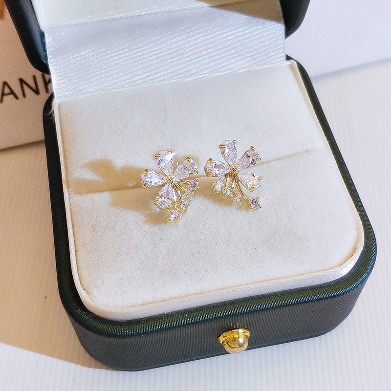 Khuyên tai JIUDUOLAN dạng kẹp/ xỏ kiểu dáng hoa đính đá zircon không gây dị ứng sáng bóng thời trang cho nữ
