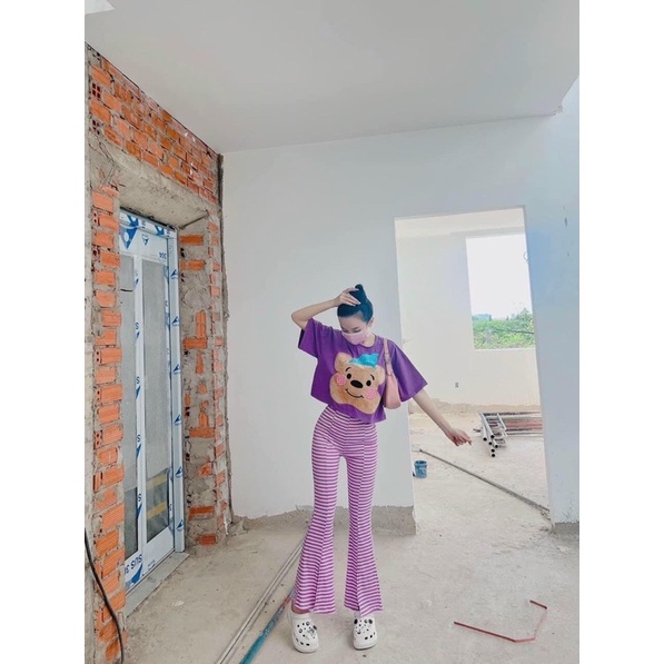 set bộ nữ áo croptop phối quần ống loe xẻ trước