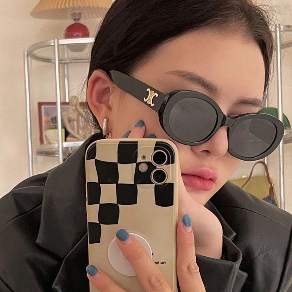 Kính Mát Chống Tia UV Gọng Kim Loại Hình Oval Phong Cách Hàn Quốc