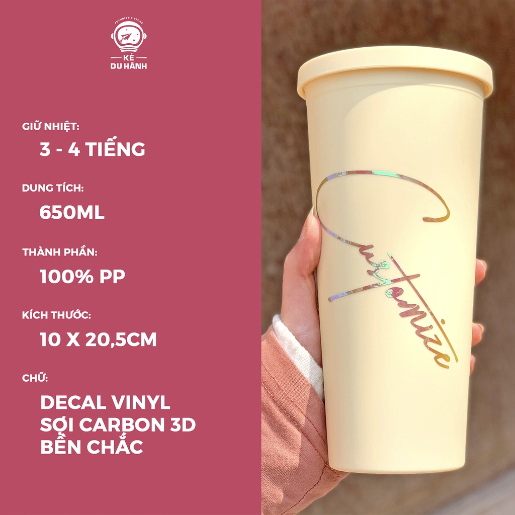Bình đựng nước Decal in theo yêu cầu dung tích 650ml, bình giữ nhiệt Kẻ du hành khắc tên tặng kèm ống hút