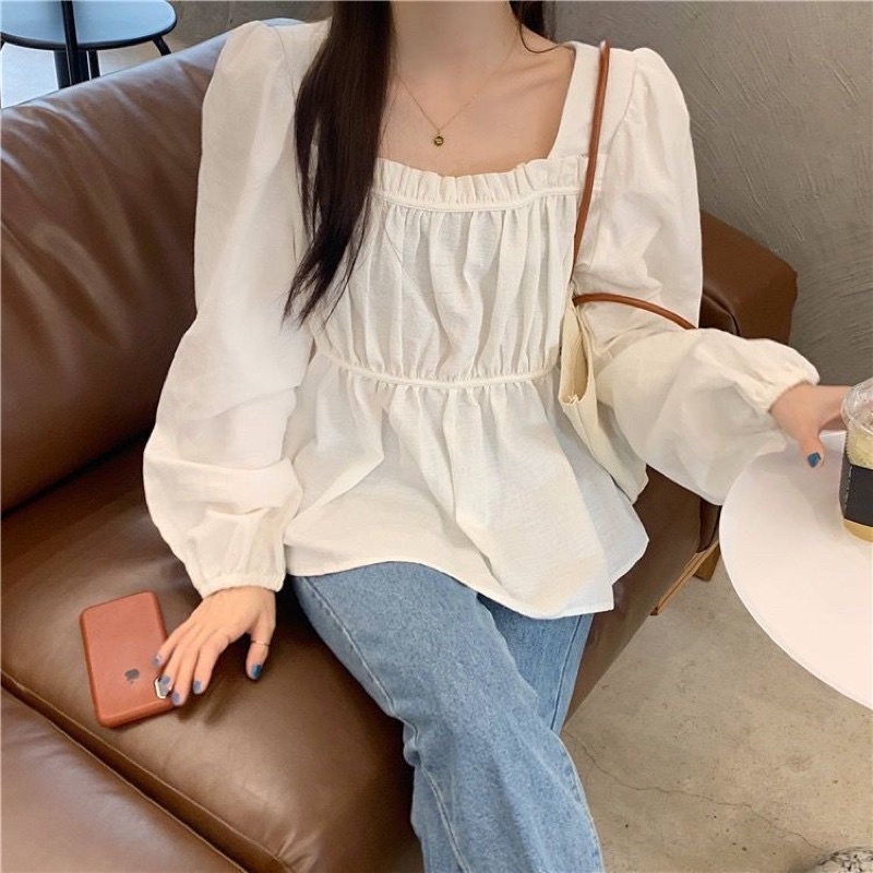 Áo Kiểu Tay Dài Cổ VuônG Phong Cách Vintage 2021 Cho Nữ