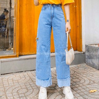 Quần Ống Rộng Lật Lai Rách 1 Hông Đùi - Quần Big Size Ống Rộng Đậm/Nhạt - Lưng Cao Phom To