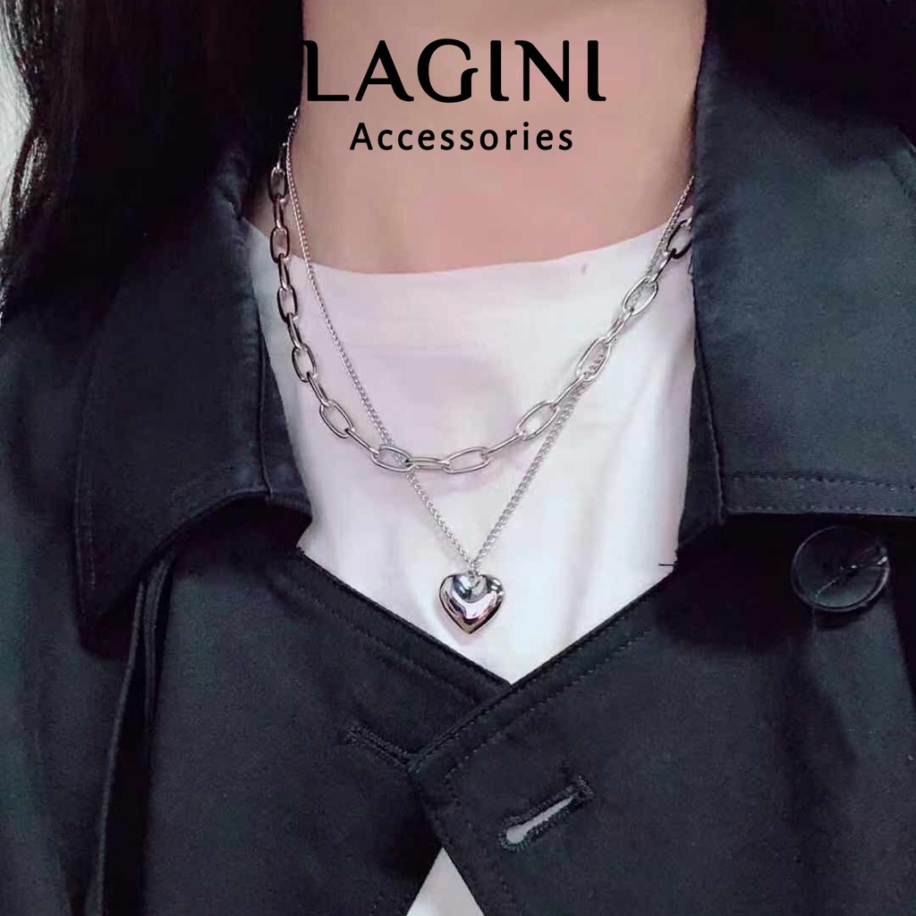 Vòng cổ dây chuyền choker 2 lớp dây xích tim phồng Lagini Unisex hip hop