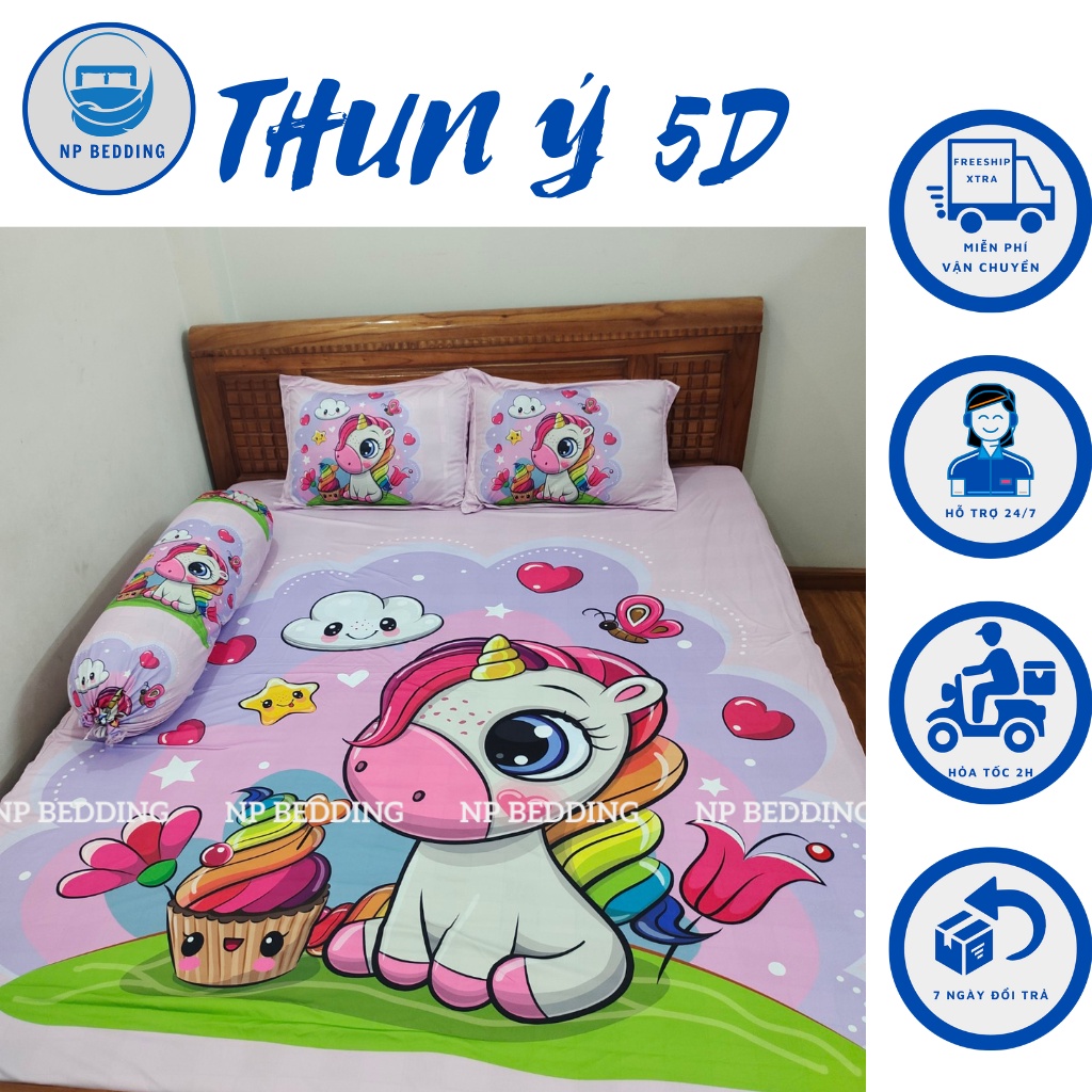 Bộ ga giường thun ý cao cấp, ga gối thun lạnh 5d 4 món, drap trải giường hình ngựa pony - NP BEDDING