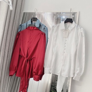 Áo Sơ Mi Lụa Ms.6833 Áo Sơ Mi Thiết Kế Cổ Đức, Vạt Lượn, Thắt Nơ Lưng, Chất Lụa Mềm
