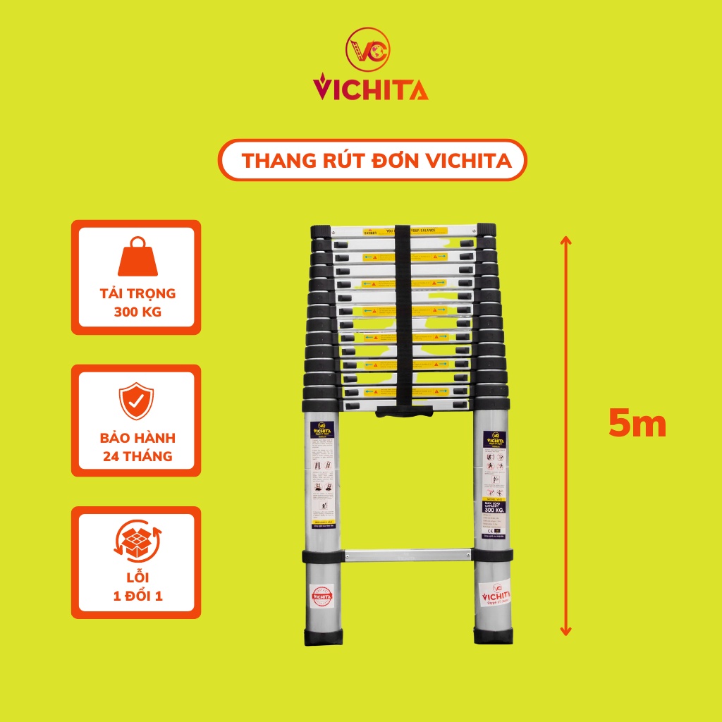 Thang Nhôm Rút Đơn 5M VICHITA - Kéo Rút Dễ Dàng Thuận Tiện - Ảnh Tự Chụp [Tặng 2 Chốt Thang]