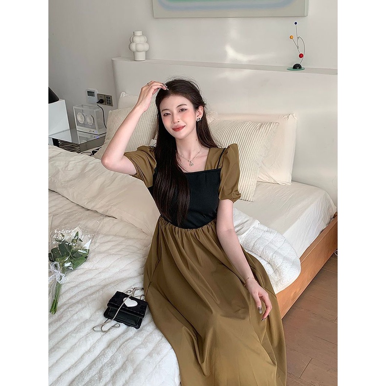 Set Áo Tay Phồng Cổ Vuông + Chân Váy Chữ A Lưng Cao Thời Trang Nữ retro