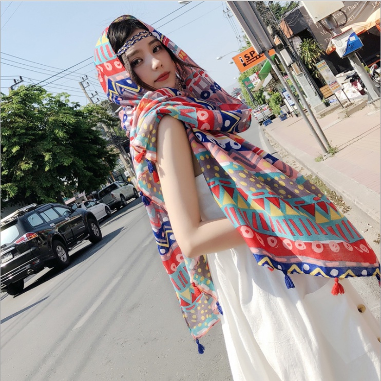 Khăn choàng Boho Vintage hoa văn Thổ Cẩm Cá Tính