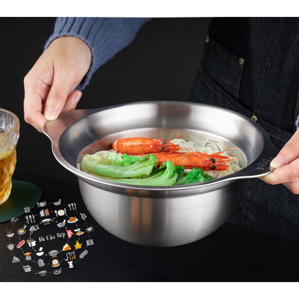 Thau thố inox 304 có vạch chia và tay cầm đựng thực phẩm ăn mì Ramen tiện lợi kích thước 24.6x9cm 1000ml