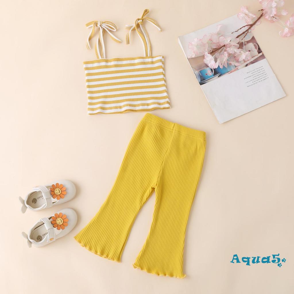 Bộ Áo Hai Dây Cổ Vuông Kèm Quần Dài Co Giãn Thời Trang Cho Bé Gái