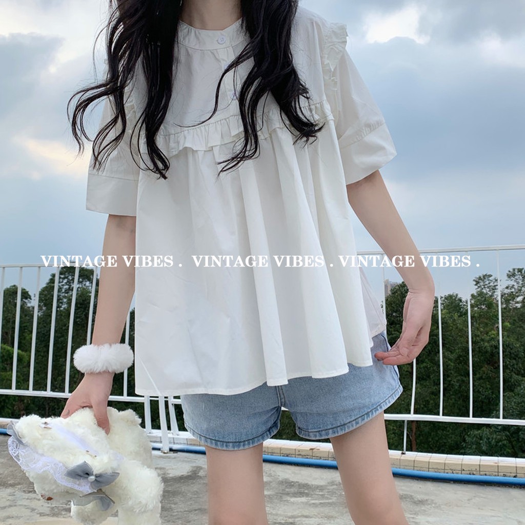 Áo babydoll ngắn tay phối bèo Ulzzang (hàng QC) - Ảnh thật