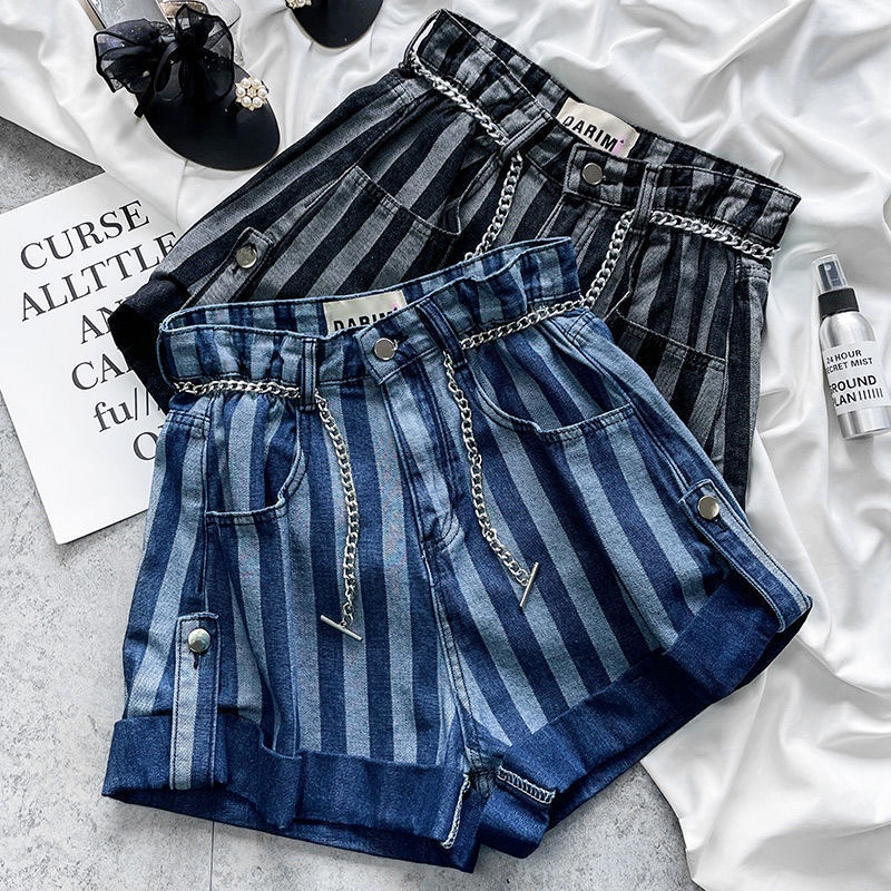Quần Short Denim Lưng Cao Phối Sọc Dọc Plus Size 3XL Thời Trang Cho Nữ 95853