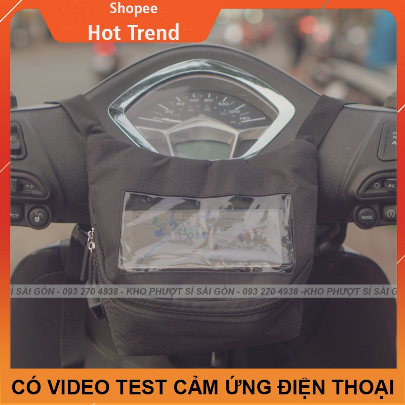 Có video test cảm ứng túi treo đầu xe máy đựng điện thoại chạy Grab - Now dạng đứng chiều dọc - chiều ngang