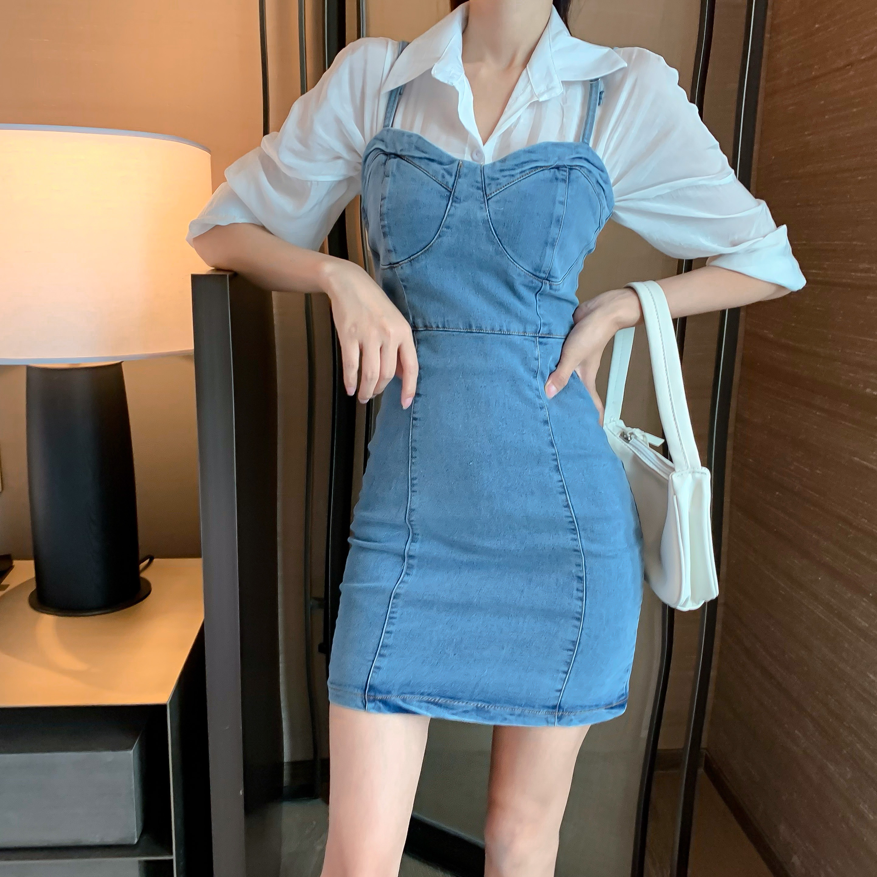 Đầm Denim Hai Dây Cổ Chữ V Thời Trang Mùa Hè Quyến Rũ Cho Nữ