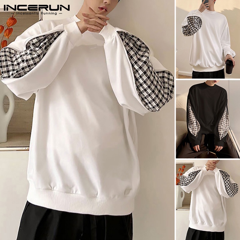 Áo INCERUN dài tay dáng rộng phối dây khóa kéo ghép vải ca rô thời trang dành cho nam