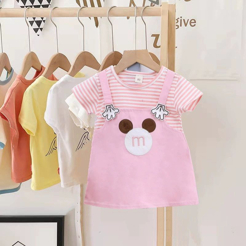 Đầm Gỉa Yếm Bé Gái Dưới 1 tuổi, Sọc Màu Có Túi Phía Trước Chất Cotton Thấm Hút Mồ Hôi , Anna Store