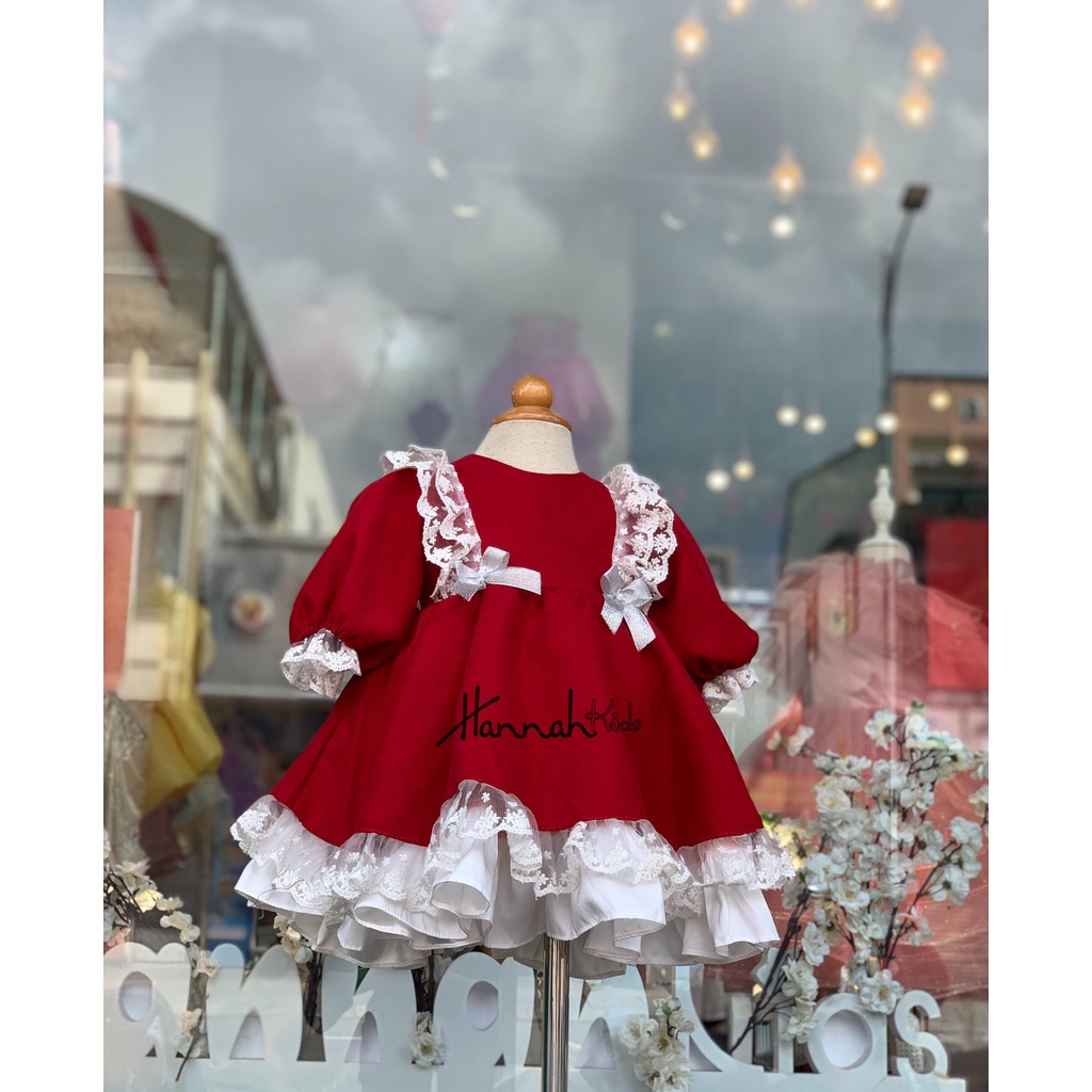 Váy Đỏ Xòe Lolita Giáng Sinh Tết Cho Bé 6-35Kg, Váy Đỏ Dài Tay Noel Phối Ren Cho Bé Gái 1-10 Tuổi Ch