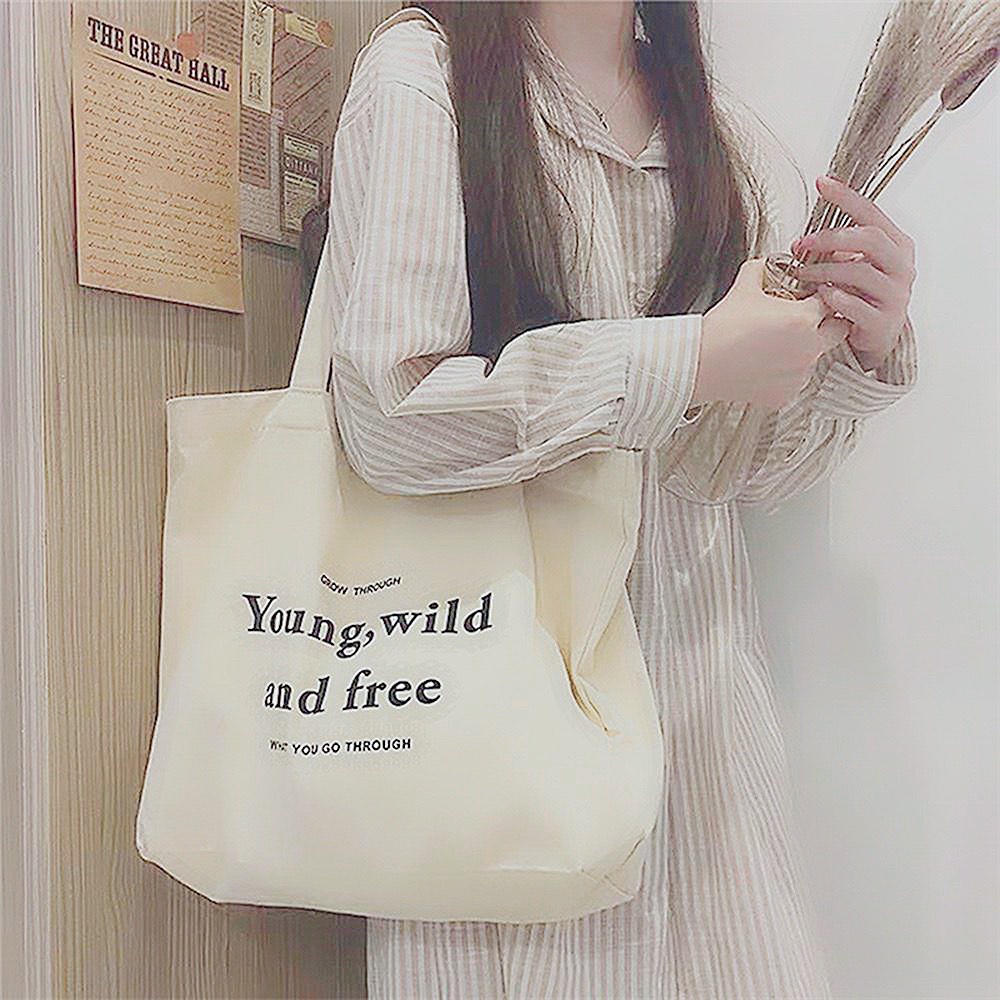 Túi tote HAZIN vải canvas ulzzang unisex in chữ Andfree có khoá miệng túi nhỏ bên trong HZ58