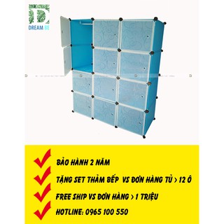 Tủ nhựa ghép thông minh giá rẻ 12 ô màu xanh trời cửa trắng vân trong