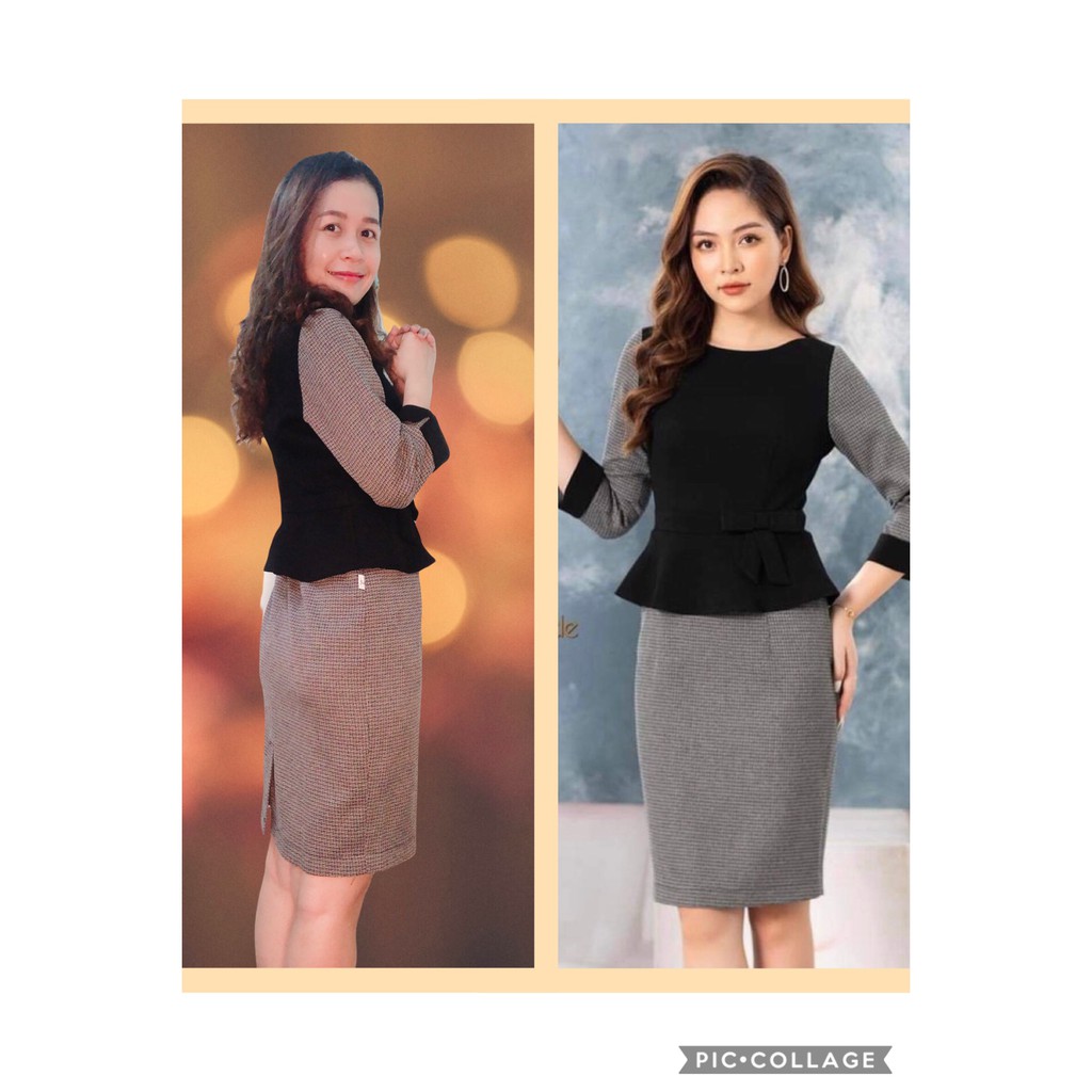 Đầm công sở Peplum tay lỡ phối đen và ghi cổ tròn nơ eo