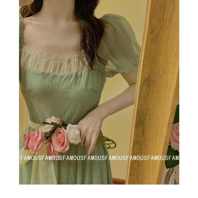 Đầm Công Chúa Dáng Dài Cổ Vuông Màu Xanh Lá Thời Trang Mùa Hè Hàng Mới Dành Cho Bạn Nữ