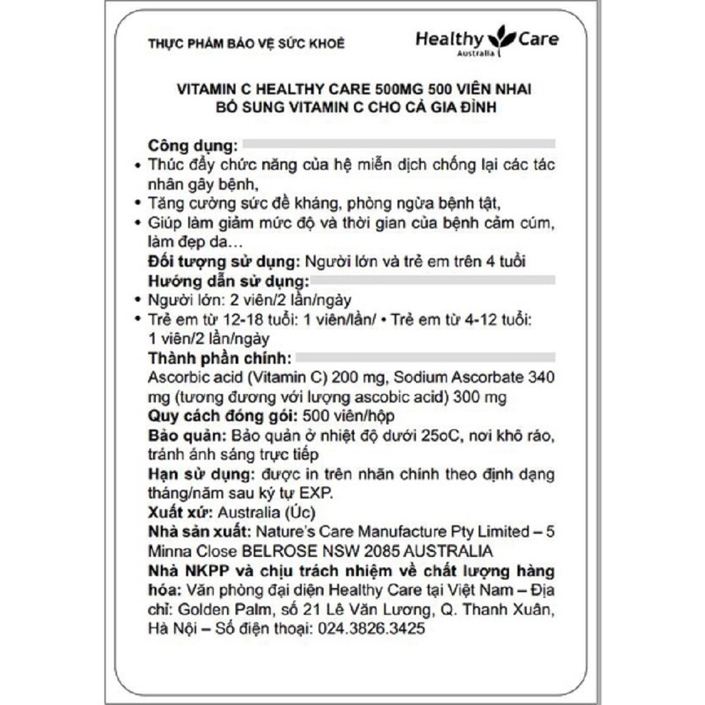 Viên nhai Healthy Care Vitamin C - Hấp thu dưỡng chất giúp tăng cường đề kháng, làm đẹp da, sáng da (500 viên)