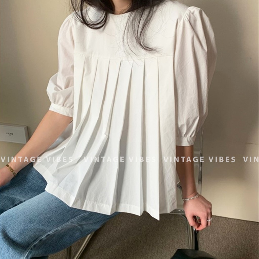 Áo babydoll tay bồng xếp ly Ulzzang (hàng QC) - Ảnh thật