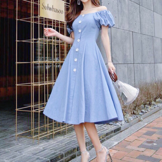 Đầm blue trễ vai bo tay