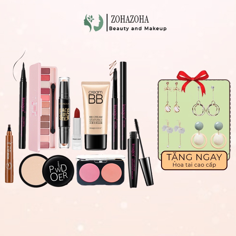 Bộ trang điểm 10 món đầy đủ bộ makeup Phấn phủ Kem nền Phấn má Phấn mắt Son lì Mascara Chì kẻ mày Kẻ mắt Bút tạo khối