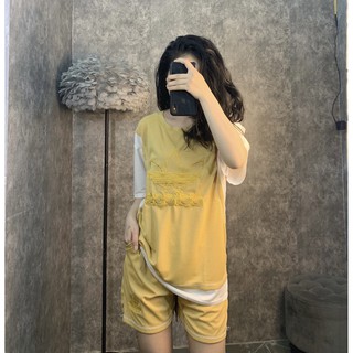 B69 bộ lụa phối màu nữ- áo cộc quần đùi