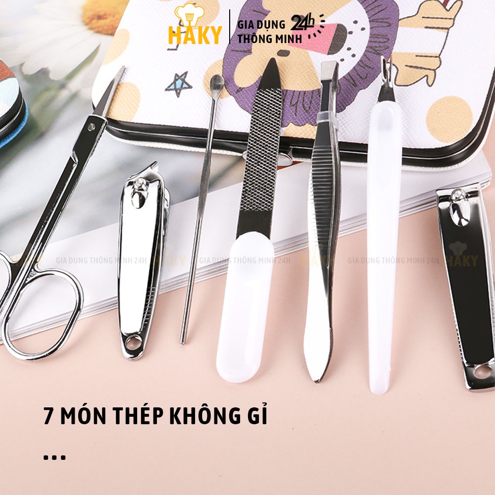 Bộ bấm móng tay 7 món thép không gỉ bao da in hình ngộ nghĩnh HAKY014, bộ dụng cụ cắt móng đa năng fullbox cao cấp