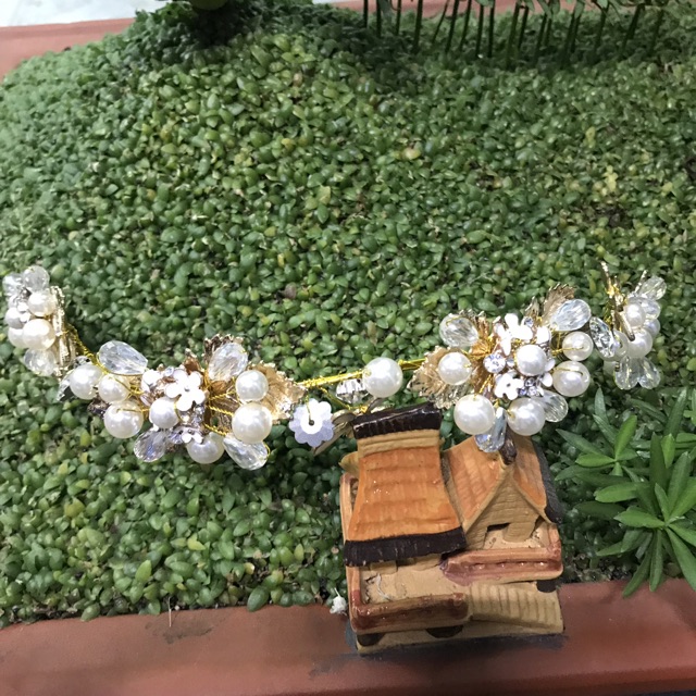 Cài tóc cô dâu lá đồng hạt trai mềm