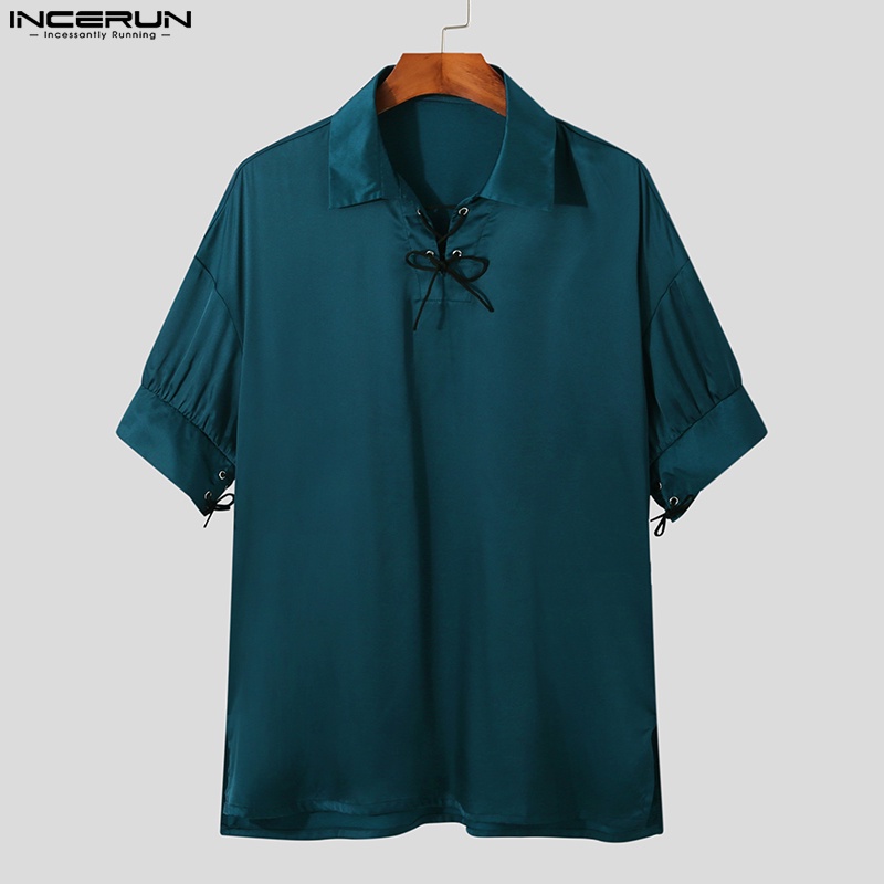Áo INCERUN vải lụa tay ngắn dáng rộng phối dây cột cỡ S-5XL sành điệu cho nam