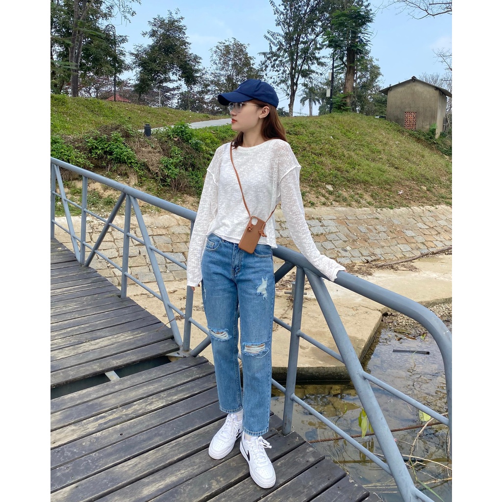 Quần Jeans Nữ Lưng Cao From Rộng  Kiểu Rách Thời Trang LDR-102