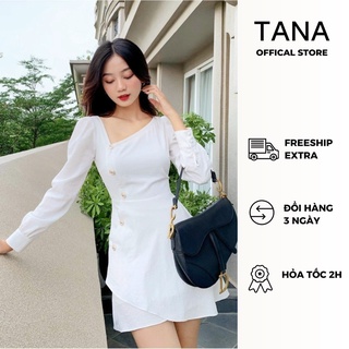 Váy đi tiệc tana d0177 váy cổ chéo lệch nút 3 màu trắng, đen, nude mặc hàng ngày, đi làm, đi tiệc